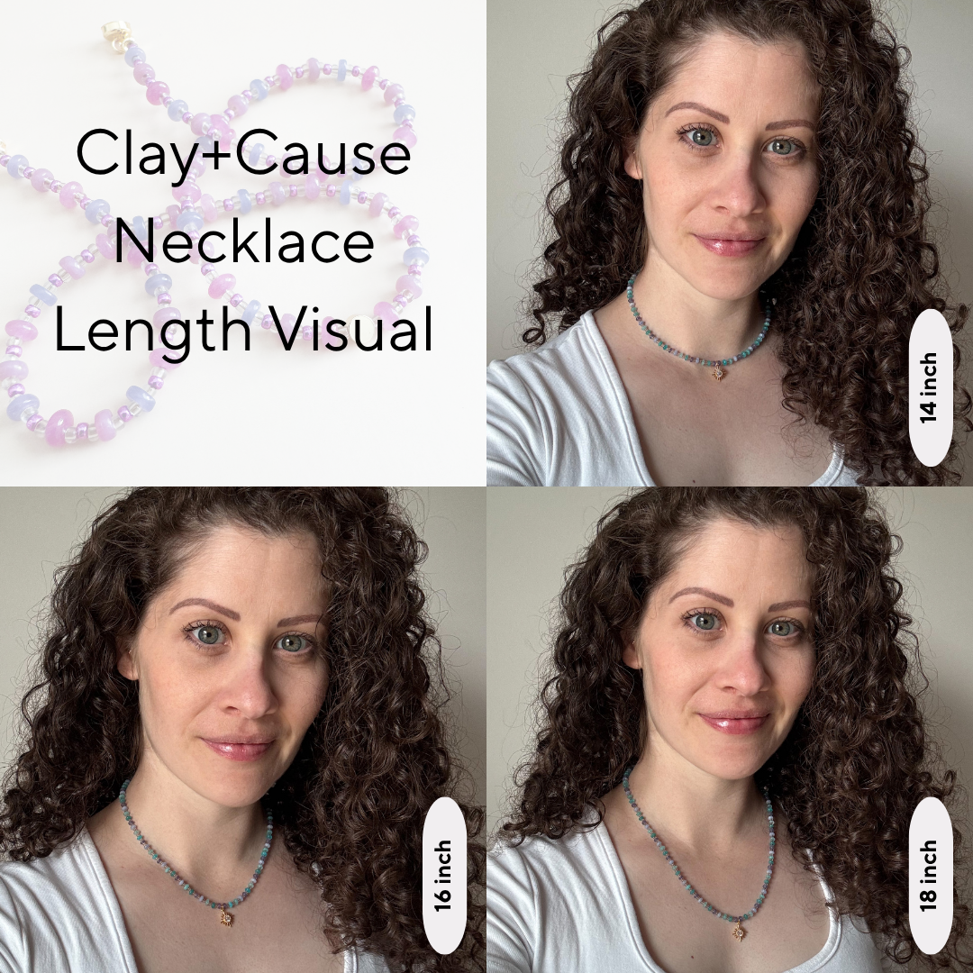 Clay+Cause necklace length visual comparison with a woman wearing necklaces of different lengths.